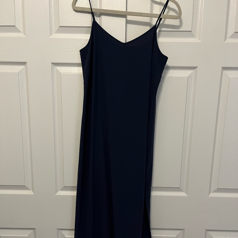 Navy. Spaghetti straps. Slit on the side.
